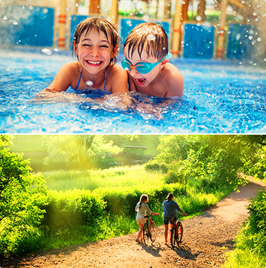 Children playing in pool above a picture of countryside with a couple pushing bicycles